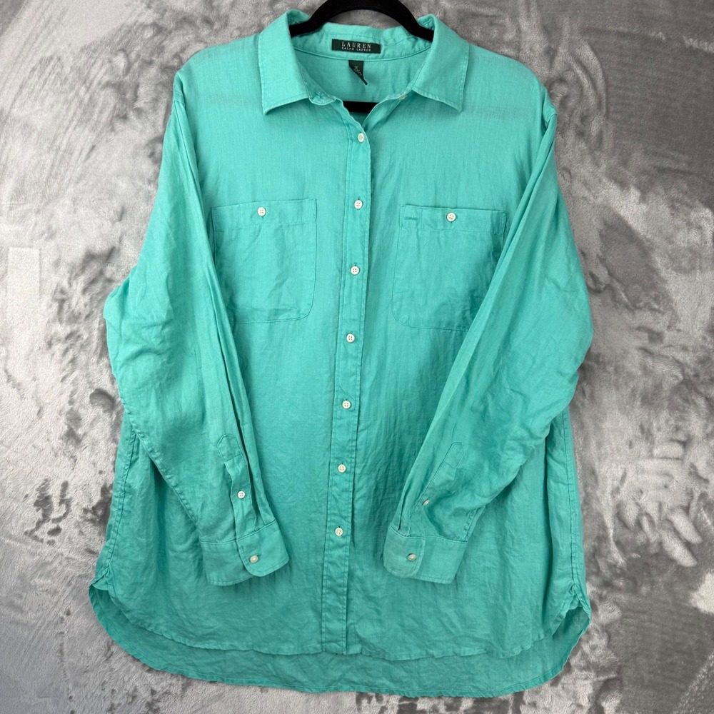 Lauren Ralph Lauren Teal Green 100% Linen Button Up Shirt Womens 1X Long Sleeve